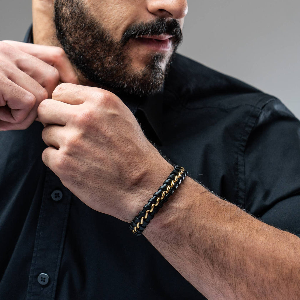 Joy Herenarmband Zwart- Echt Leer & Goudkleurige RVS Sluiting / 20 cm