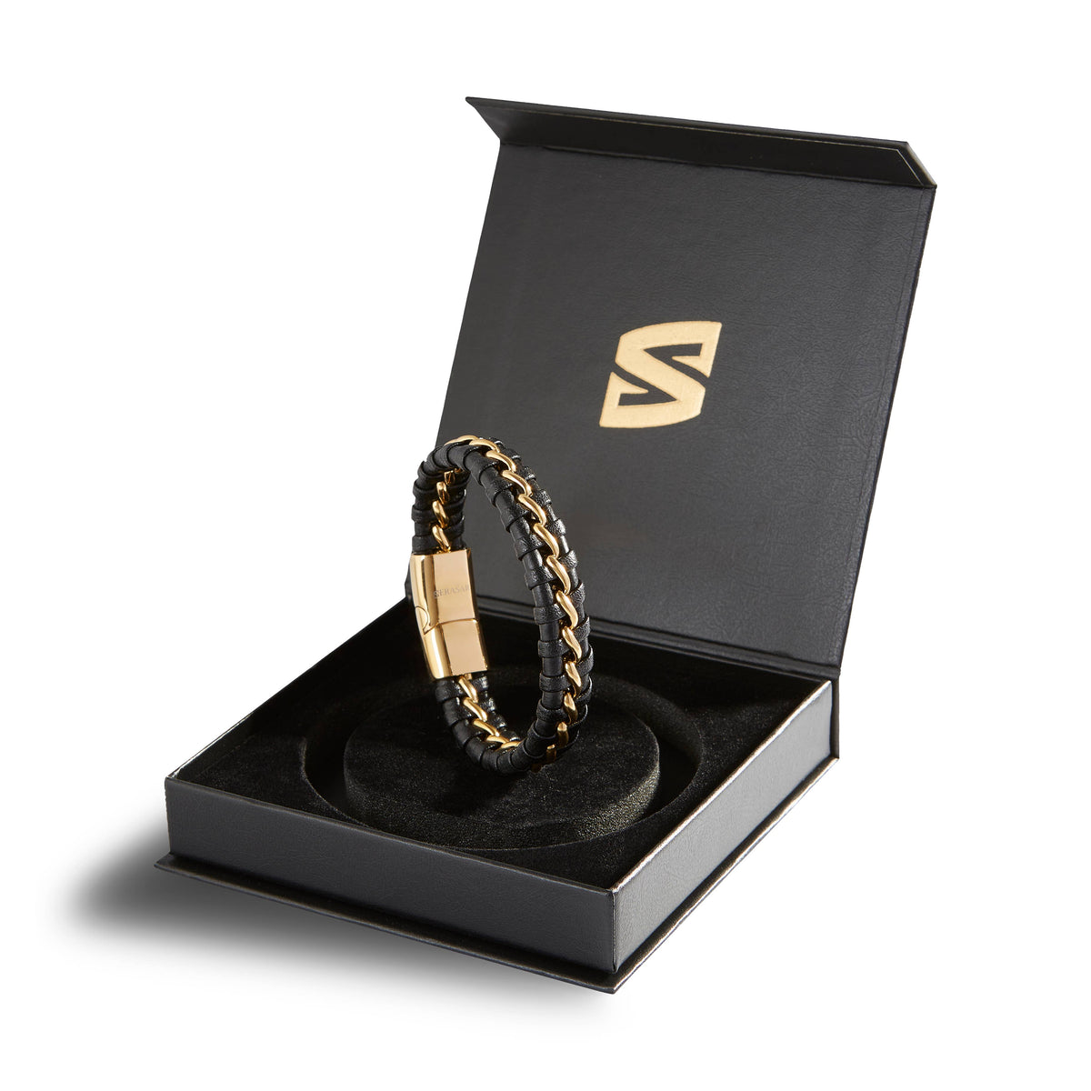 Joy Herenarmband Zwart- Echt Leer & Goudkleurige RVS Sluiting / 20 cm