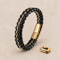 Joy Herenarmband Zwart- Echt Leer & Goudkleurige RVS Sluiting / 20 cm