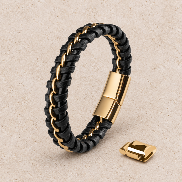 Joy Herenarmband Zwart- Echt Leer & Goudkleurige RVS Sluiting / 20 cm