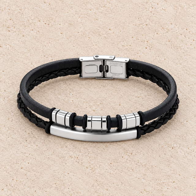 Herenarmband Zwart/Zilver - Leer & RVS