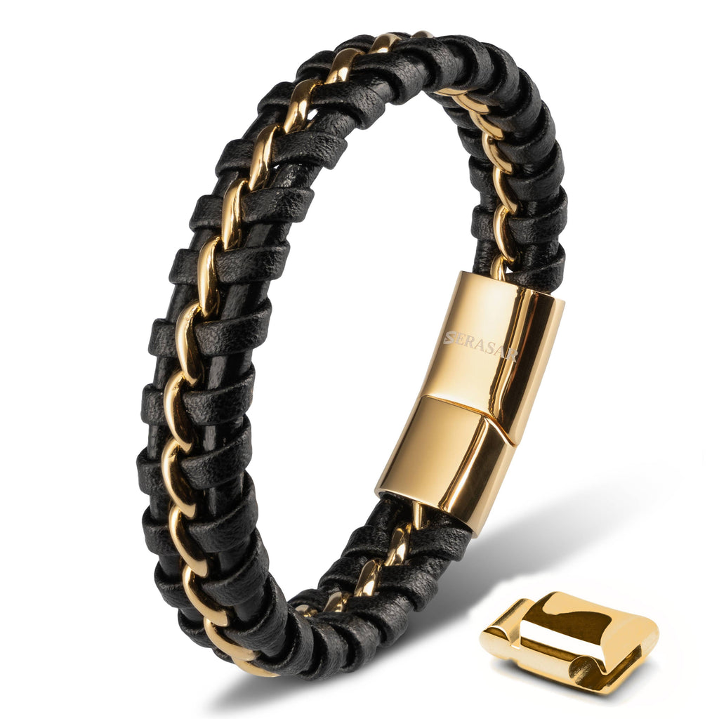 Joy Herenarmband Zwart- Echt Leer & Goudkleurige RVS Sluiting / 20 cm