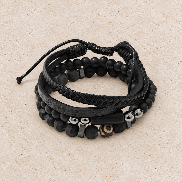 Set van 3 Zwarte Herenarmbanden met Natuursteen