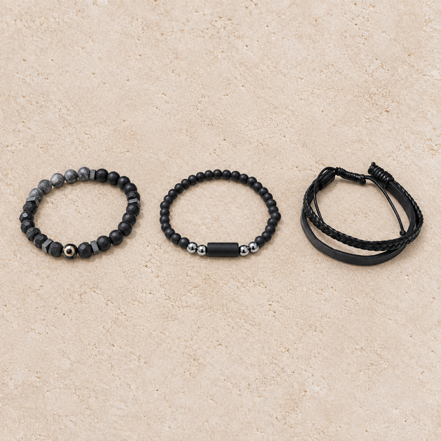 Set van 3 Zwarte Herenarmbanden met Natuursteen